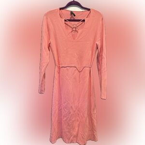 EUC BCBGMAXAZRIA Peachy Pink Sweater Dress Cutout Neck Detail w/ Tie at‎ Waist
